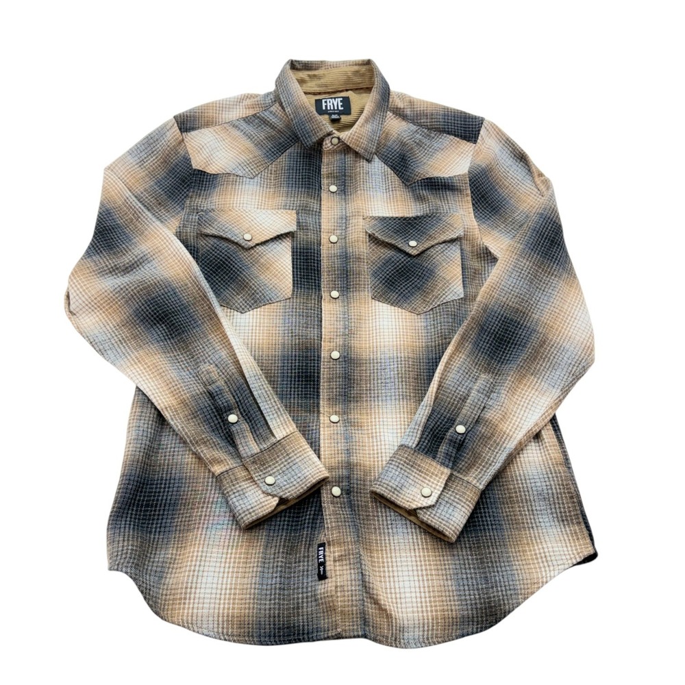 Frye Mens Shirt S Western Pearl Snap‎ Tan Grey Plaid Poly Cotton Long Sleeve